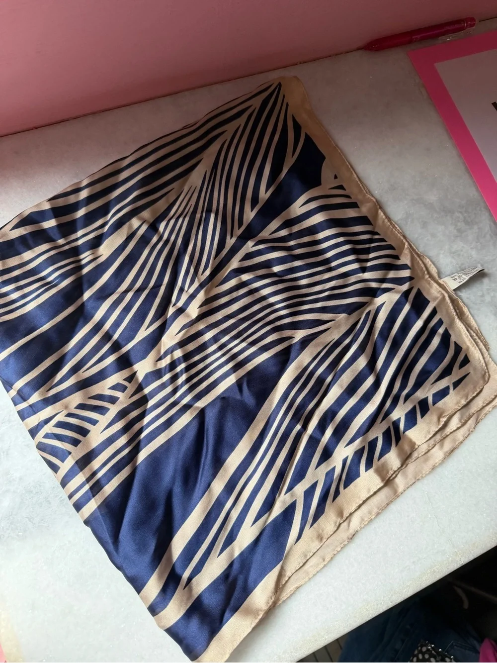 Women’s scarf:Navy and Beige Abstract Silk Scarf Brand new